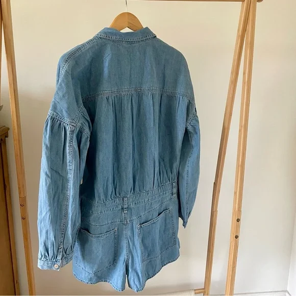 NWT Free People We The Free Zodiac Denim Chambray Romper in Moon Blue - L - Picture 8 of 8